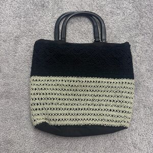 Unbranded Crochet Woven Top Handle Tote Bag Womens Black Beige Color Block Boho